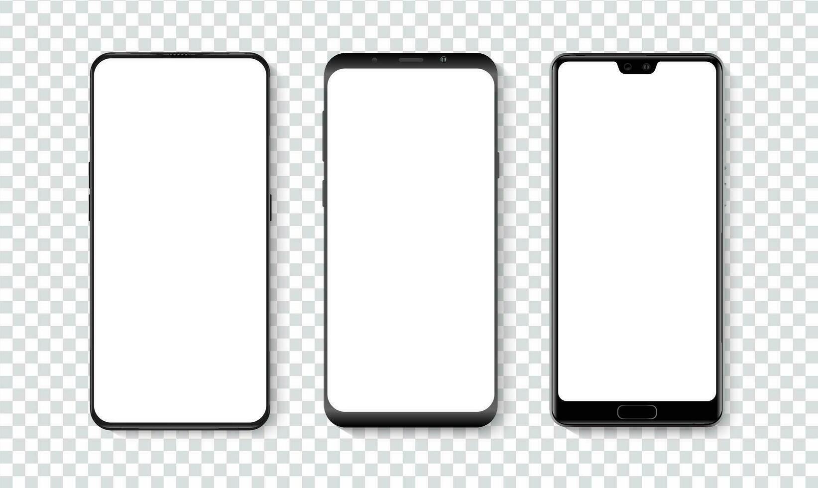 alto calidad realista de moda teléfono inteligente con blanco blanco pantalla. teléfono Bosquejo para visual ui ux aplicación demostración. vector móvil conjunto dispositivo concepto