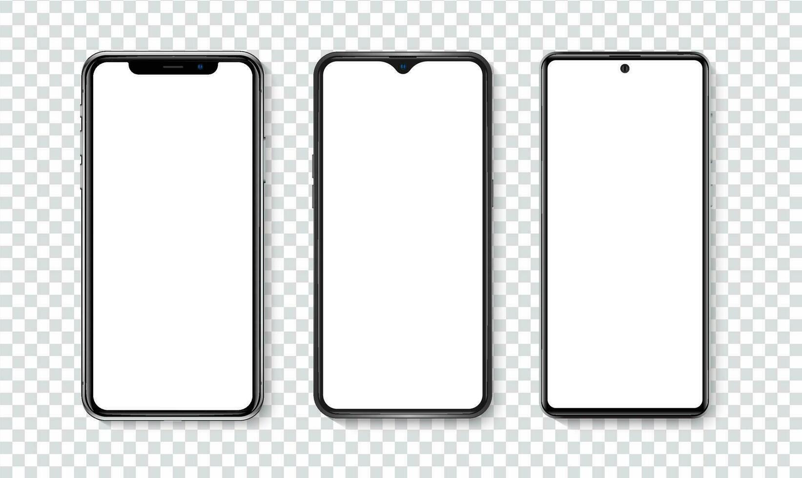 alto calidad realista de moda teléfono inteligente con blanco blanco pantalla. teléfono Bosquejo para visual ui ux aplicación demostración. vector móvil conjunto dispositivo concepto