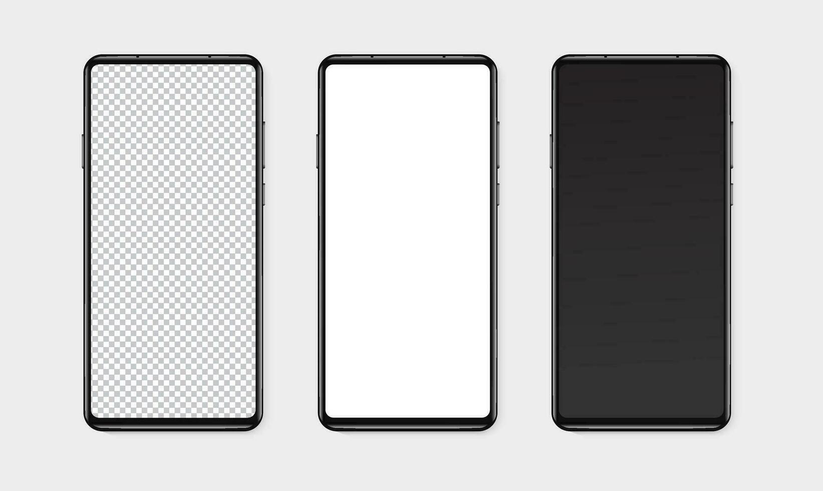Realistic smartphone mockup set. Mobile phone blank, white, transparent screen design mock up. Isolated vector illustration