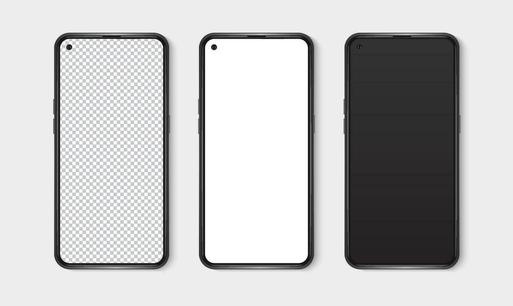 Realistic smartphone mockup set. Mobile phone blank, white, transparent screen design mock up. Isolated vector illustration