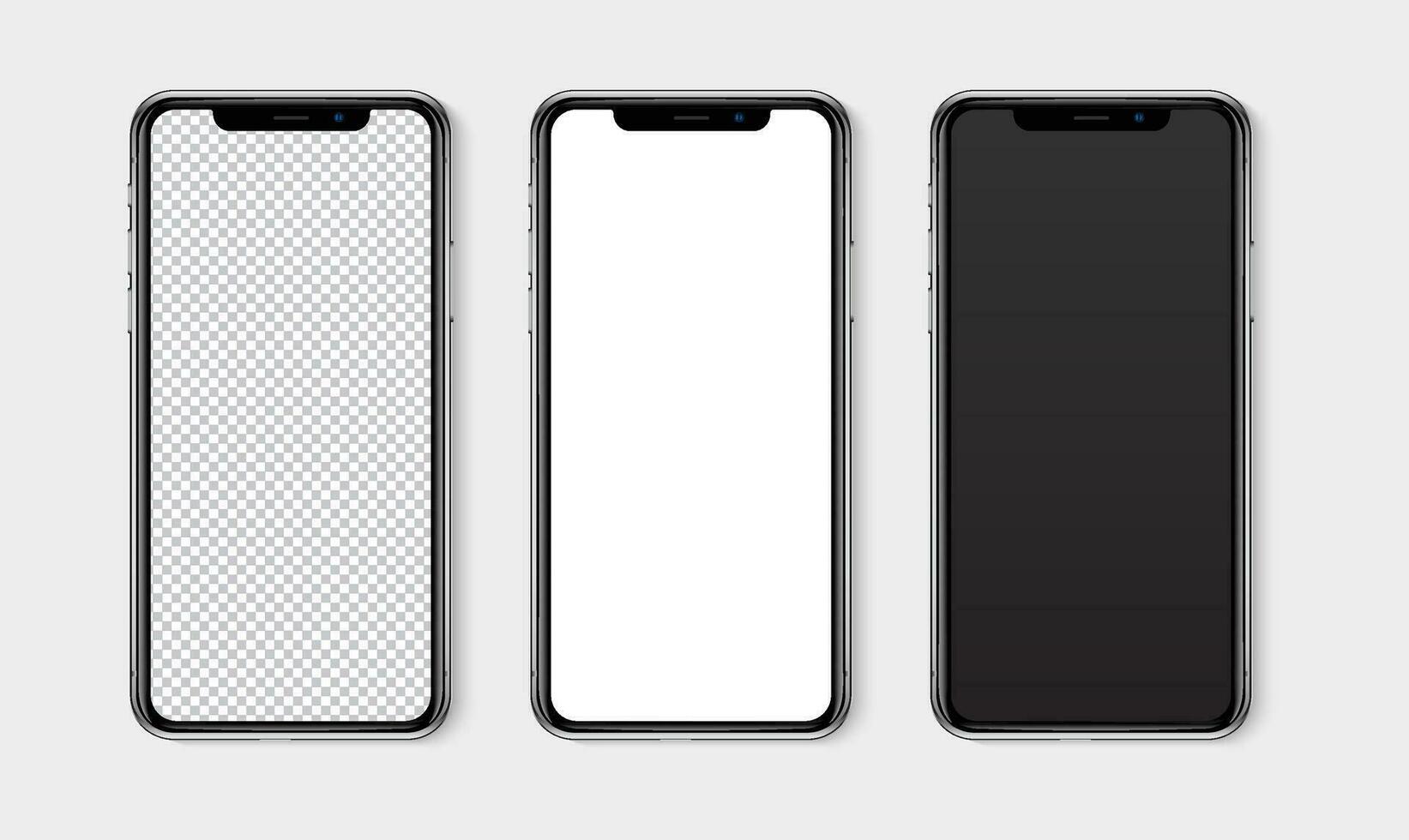 Realistic smartphone mockup set. Mobile phone blank, white, transparent screen design mock up. Isolated vector illustration