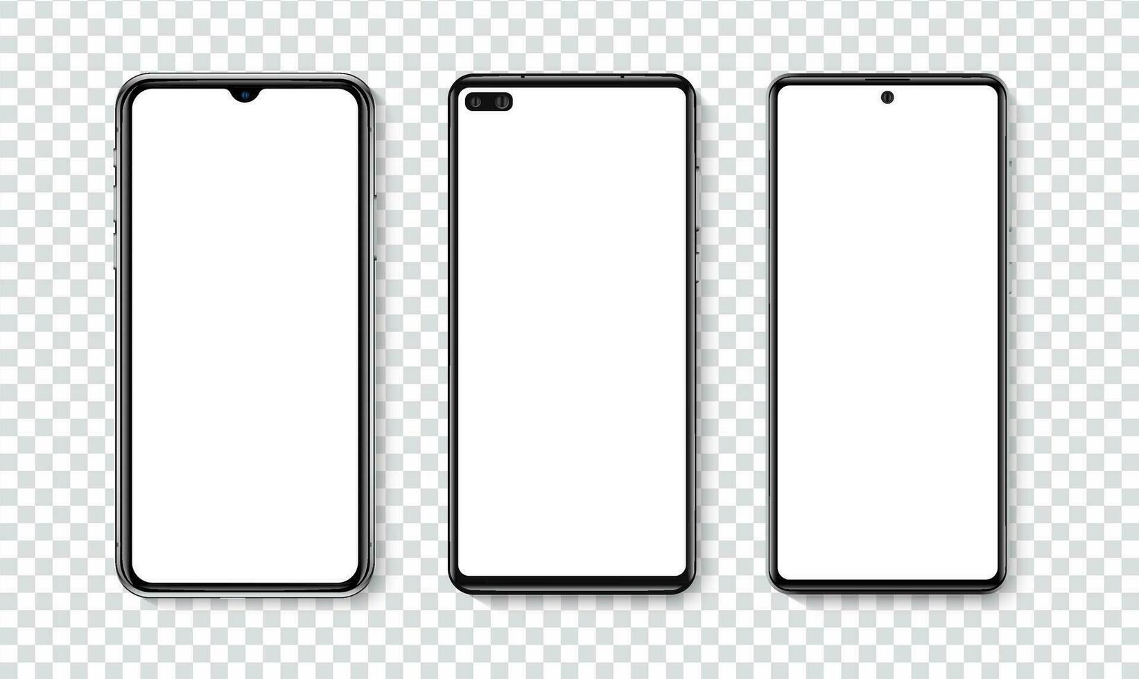 alto calidad realista de moda teléfono inteligente con blanco blanco pantalla. teléfono Bosquejo para visual ui ux aplicación demostración. vector móvil conjunto dispositivo concepto