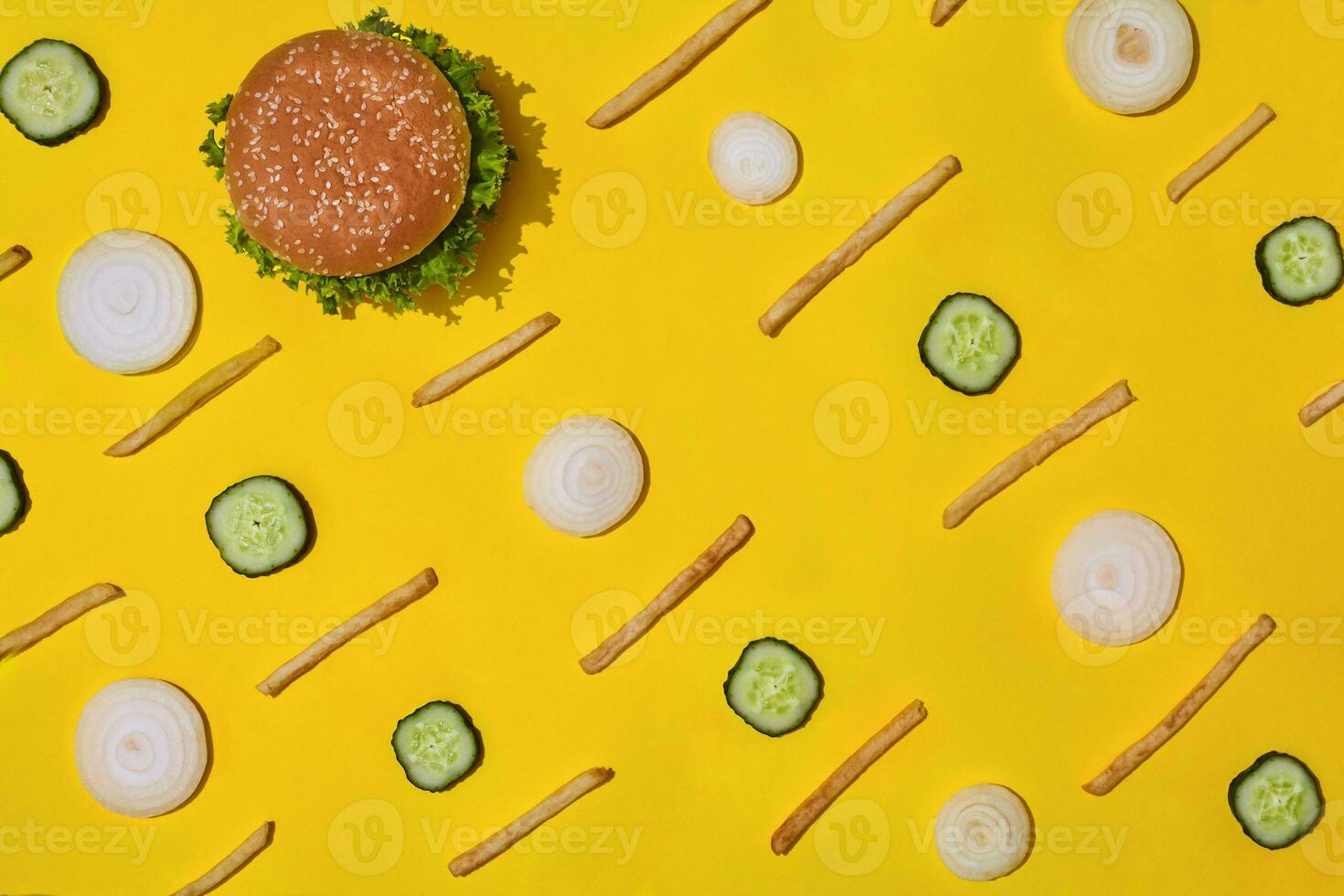 Design concept of mockup burger and french fries set on yellow background. photo
