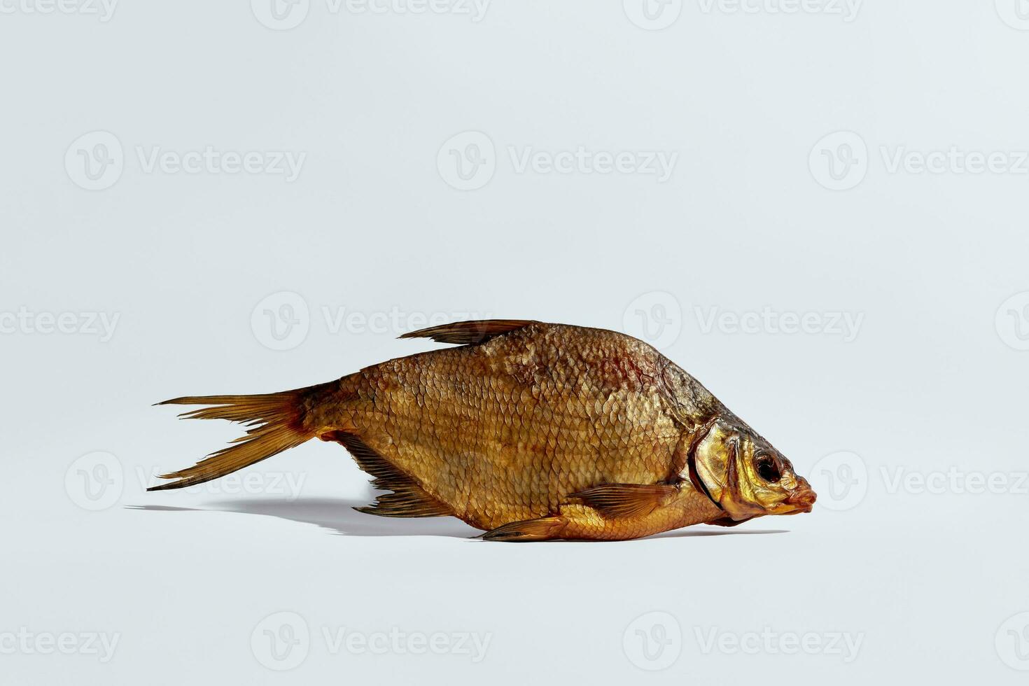 Whole golden cold-smoked bream lying on white background. Traditionally preserved fish. Popular appetizer photo