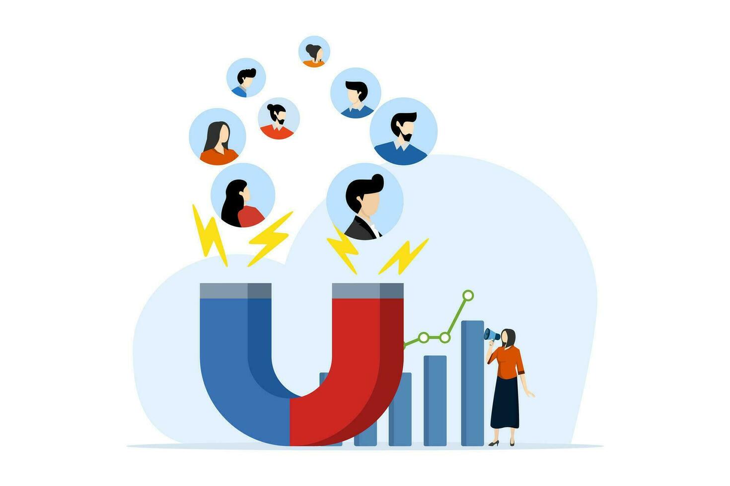 Business strategy and customer attraction concept. success in building an entrepreneurial team. customer attraction campaigns, accurate promos, advertising. sales generation. flat vector illustration.