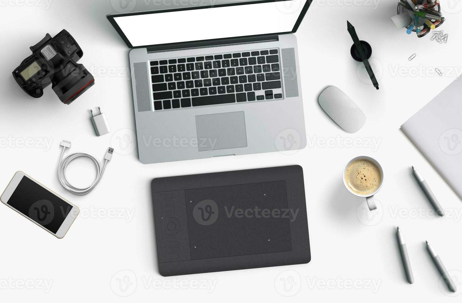 Minimal work space Laptop, camera, coffee, camera, pen, pencil, notebook, smartphone, stationery on white background for copy space. photo