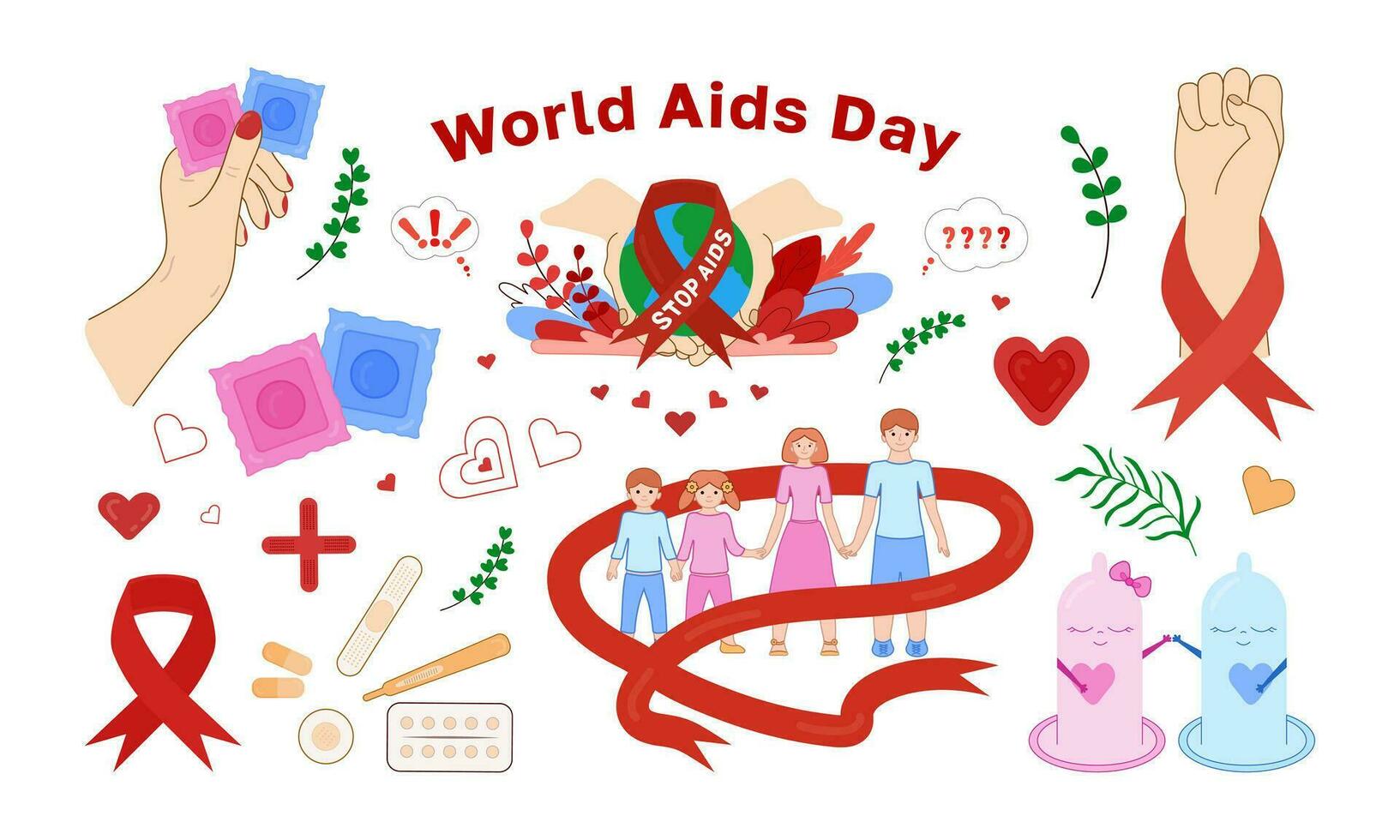 conciencia mundo SIDA y vih día conjunto vector elementos. rojo cinta, anticoncepción, corazones, medicamentos.