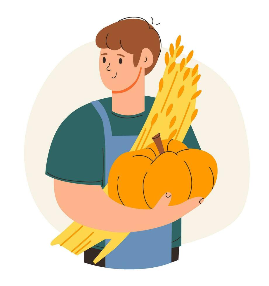 un granjero hombre con un vegetales en su manos. vegano alimento. cosecha. plano vector lustración