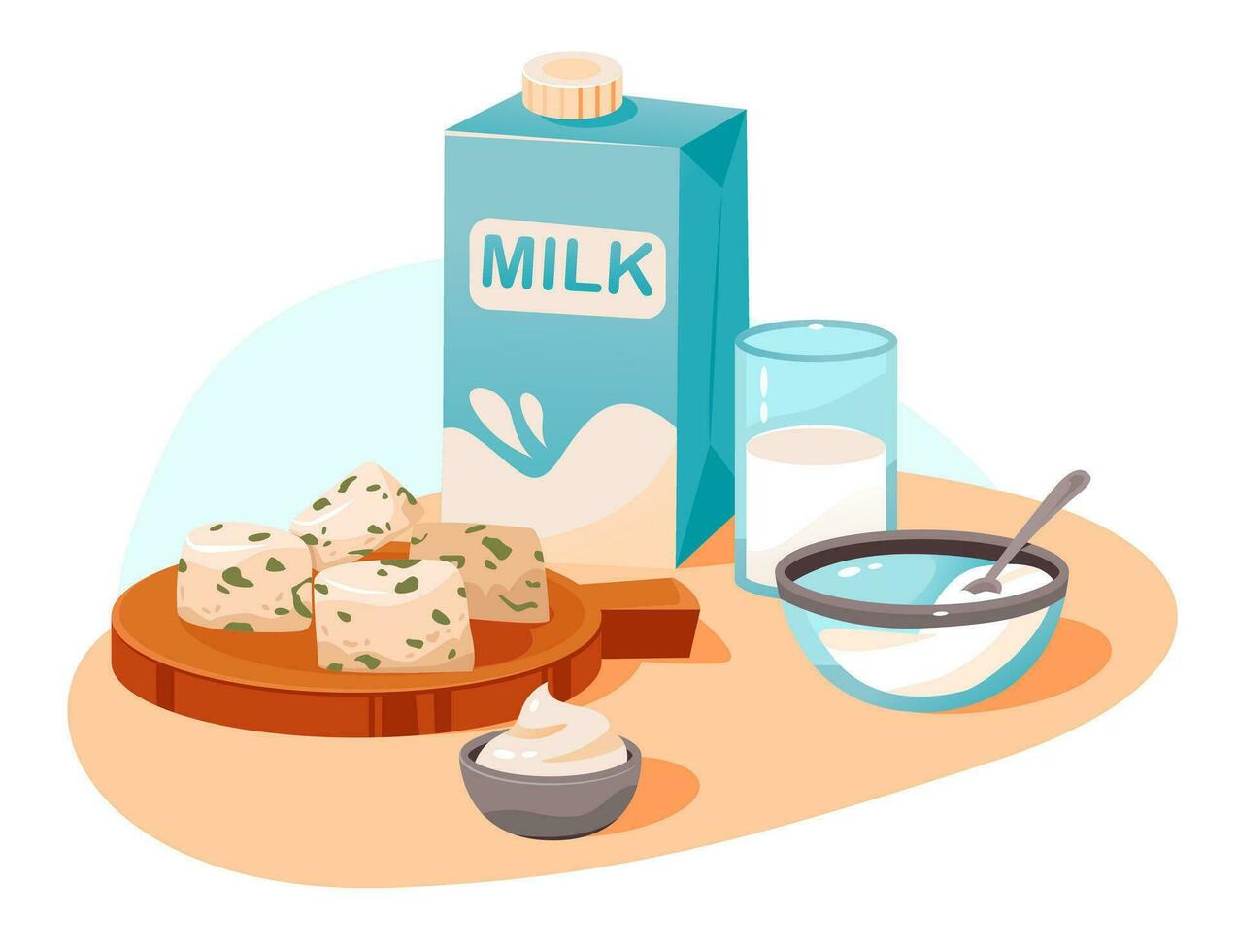 Milk and and roquefort cheese on the kitchen table. Dairy products set. Organic homemade food. Cartoon vector illustration