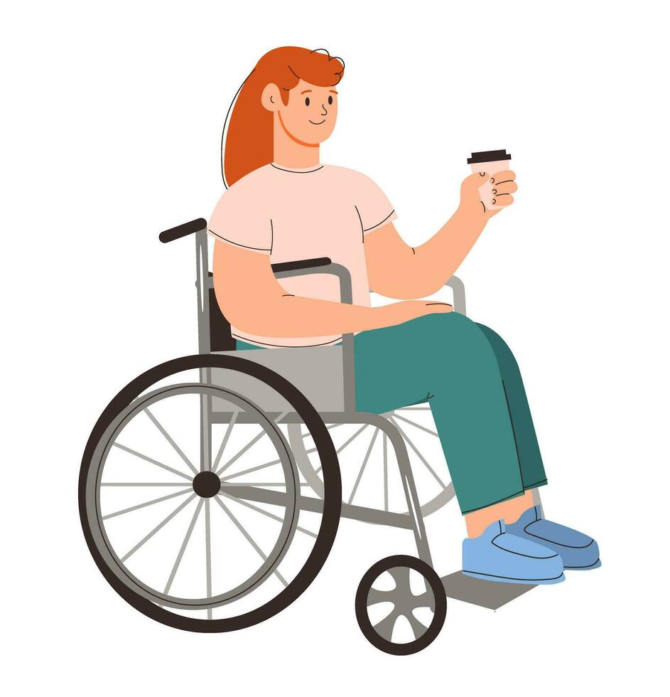 A happy young woman with coffee in a wheelchair. Diversity and inclusion concept. Flat vector illustration.