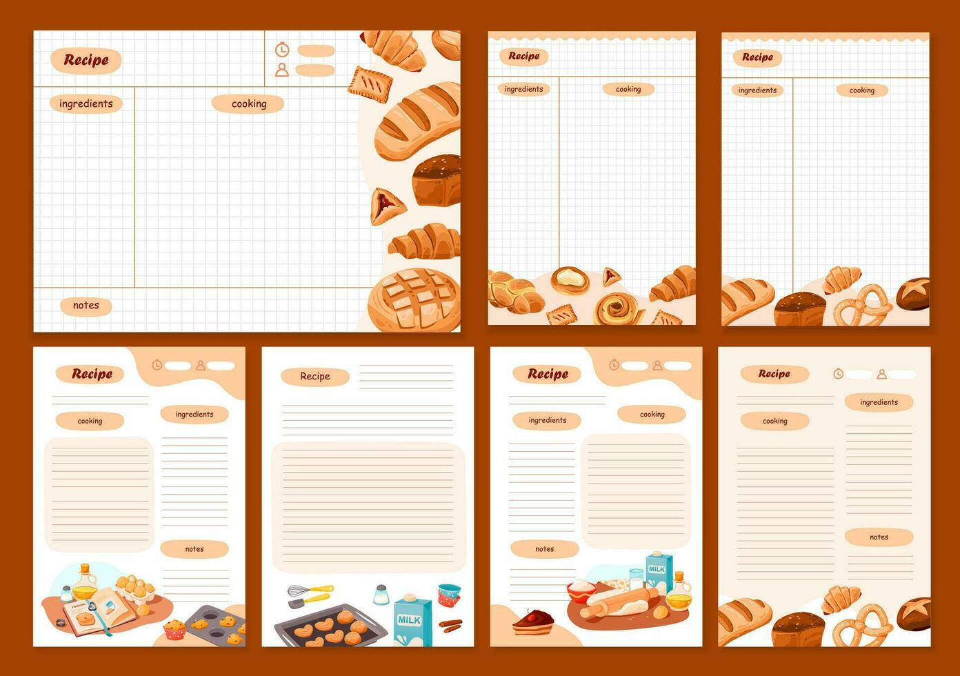 Recipe cards and meal planner. Template cookbook sheets for recipe, notes on cooking and ingredients. Vector cartoon illustration