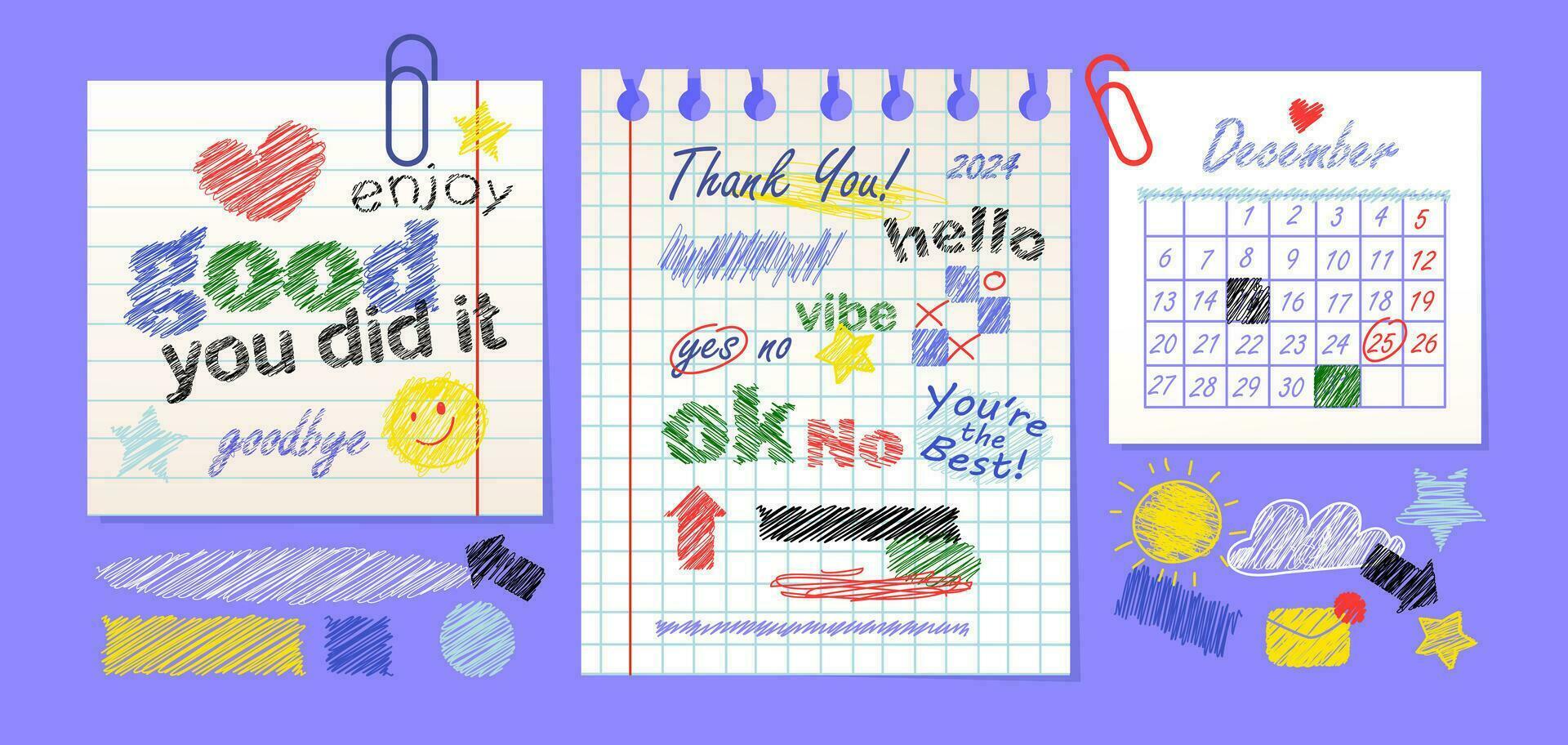 Paper notes, sheets with lines of colorful pencils. Design elements and quotes in the style of a pen stroke for the weekly planner. Vector illustration