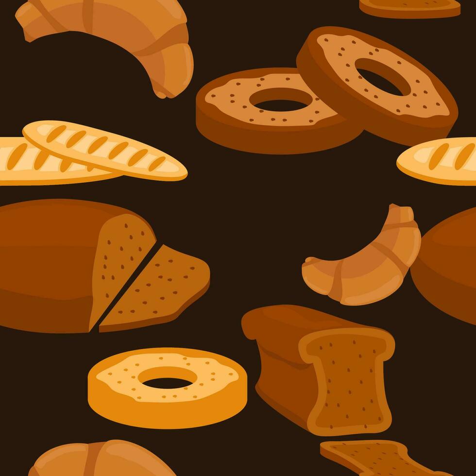 Editable Vector of Assorted Breads Illustration Icons Seamless Pattern With Dark Background for Decorative Element of Food Related Design