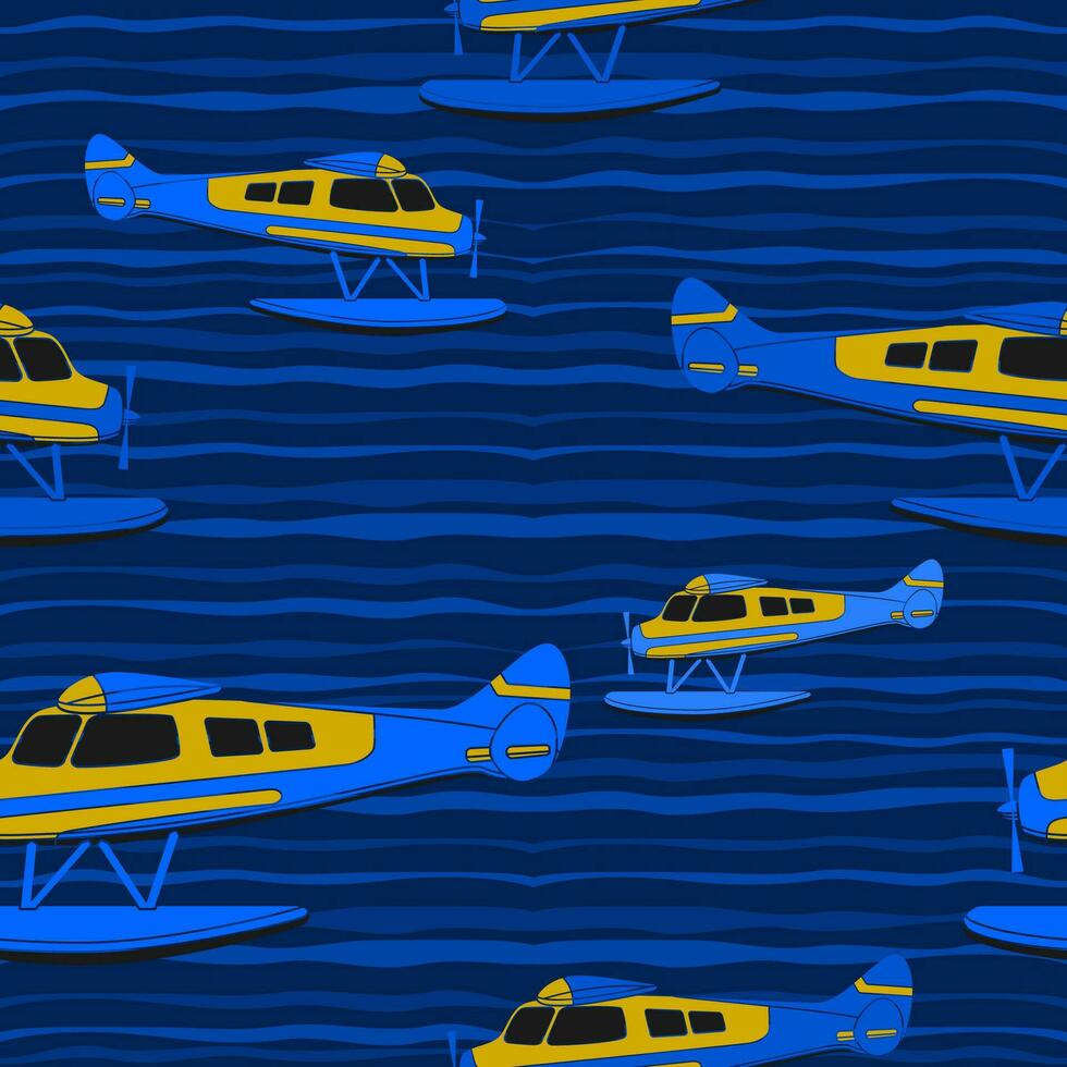 Editable Side View Pontoon Floating Plane Flying Over a Wavy Lake Vector Illustration as Seamless Pattern With Dark Background for Transportation or Recreation Related Design