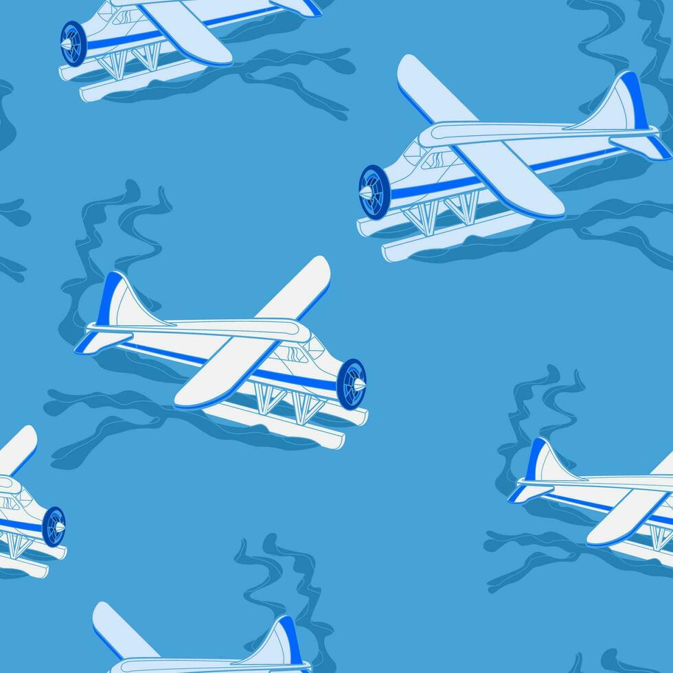 Editable Vector Illustration of Aerial Three-Quarter Oblique Front View Pontoon Floating Plane on a Wavy Lake as Seamless Pattern for Creating Background of Transportation or Recreation Related Design