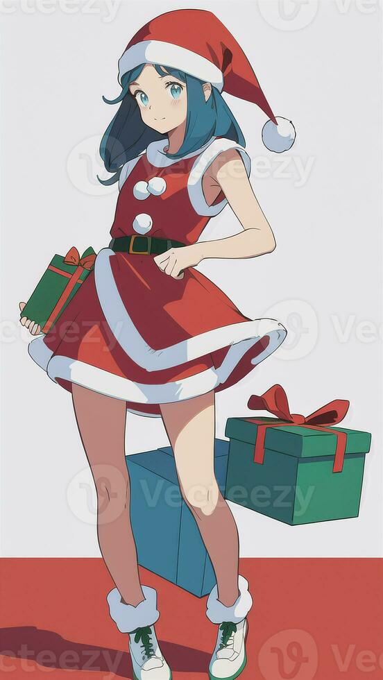 Cute Teen Girl Wearing Christmas Costume As Santa Anime Style photo