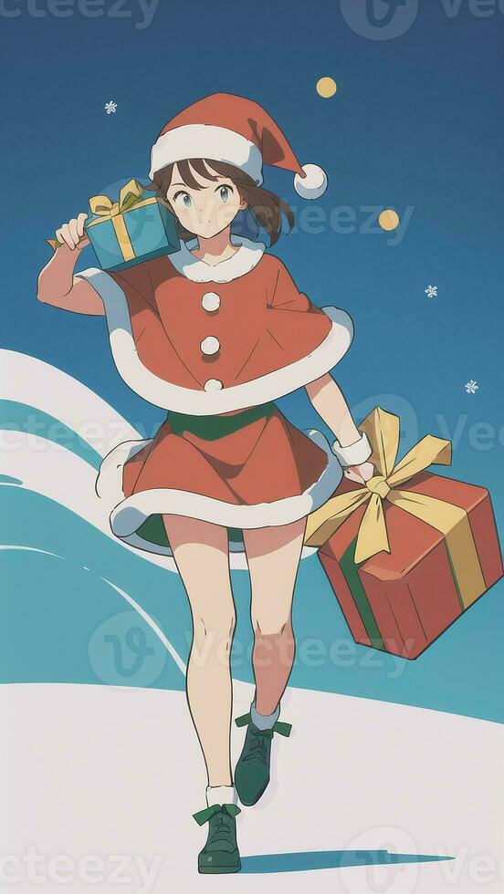 linda adolescente niña vistiendo Navidad disfraz como Papa Noel anime estilo foto