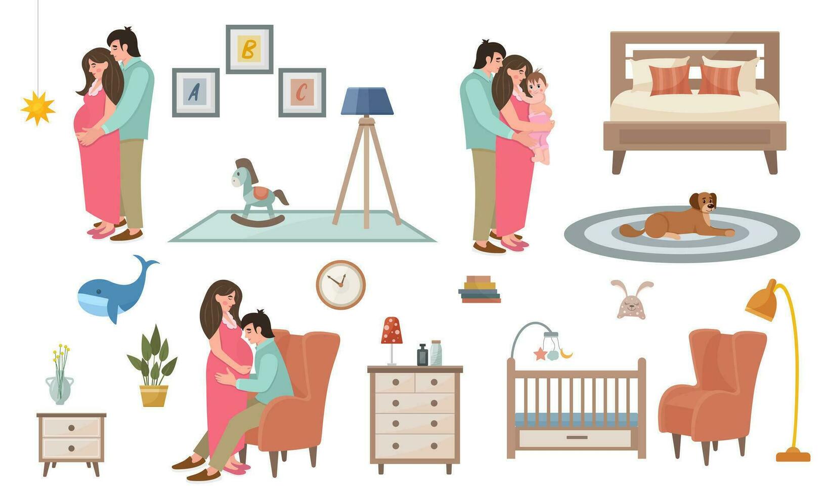 el embarazo y maternidad colocar. concebir un niño, el embarazo y recién nacido. papá y mamá con un niño. sano contento el embarazo y maternidad. para niños interior. vector plano ilustración.