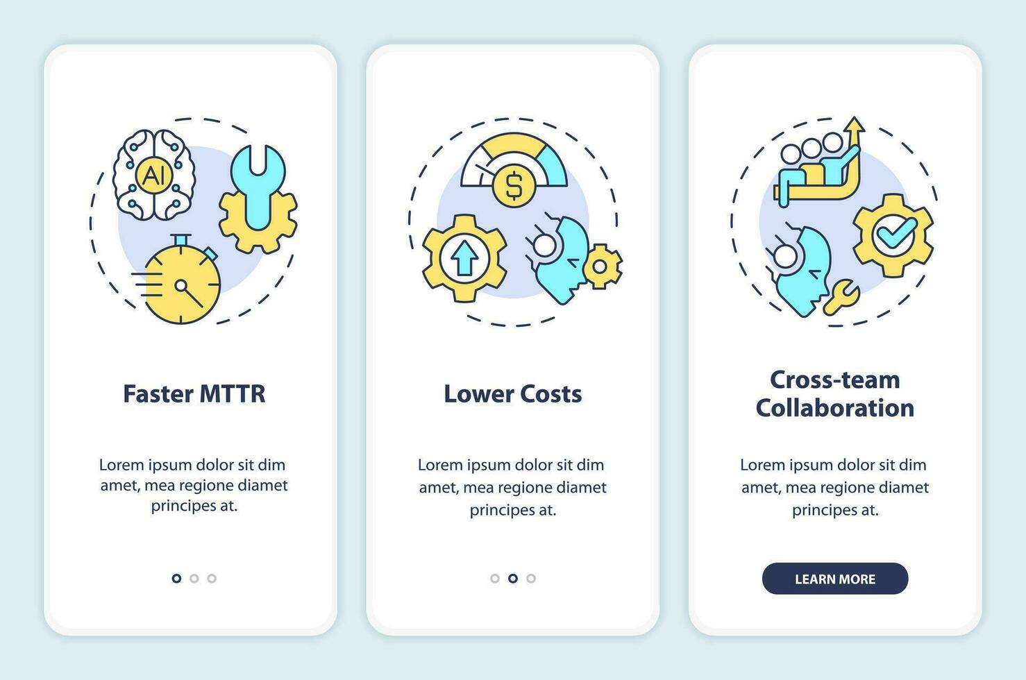 2D icons representing AI ops mobile app screen set. Walkthrough 3 steps colorful graphic instructions with thin line icons concept, UI, UX, GUI template. vector