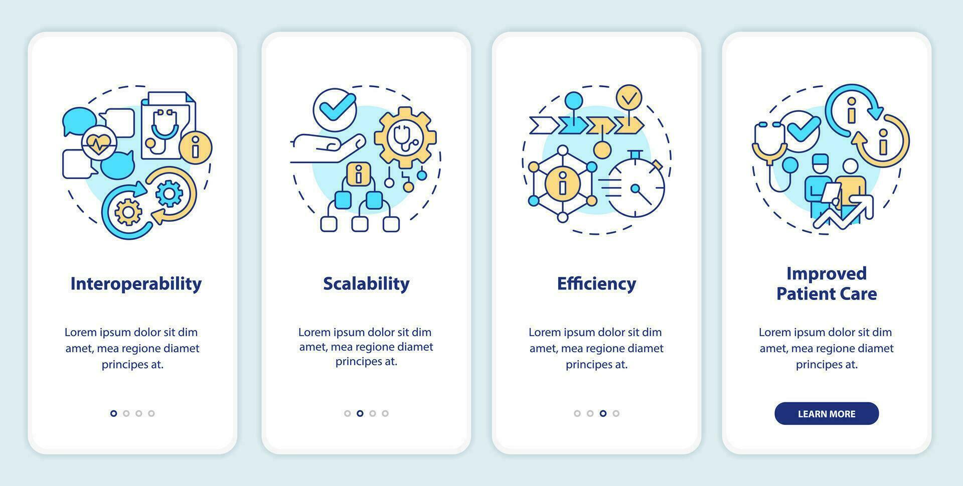 2D colorful icons representing health interoperability resources mobile app screen set. Walkthrough 4 steps graphic instructions with thin line icons concept, UI, UX, GUI template. vector