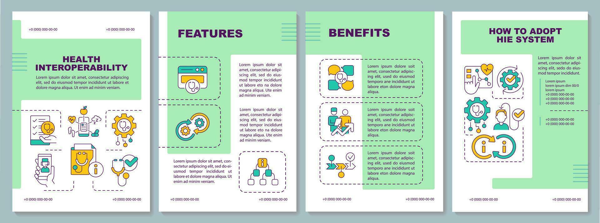 Green health interoperability resources brochure template, leaflet design with thin linear icons, 4 vector layouts.