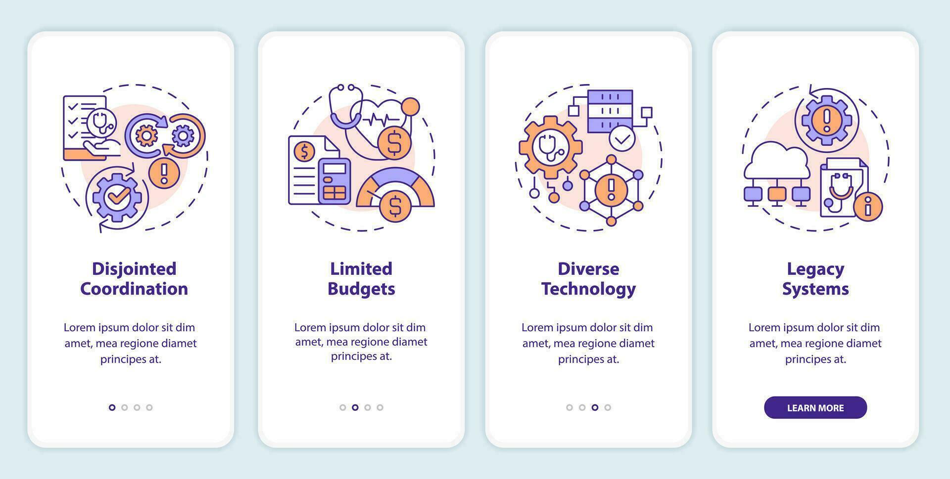 2D icons representing health interoperability resources mobile app screen set. Walkthrough 4 steps colorful graphic instructions with linear icons concept, UI, UX, GUI template. vector