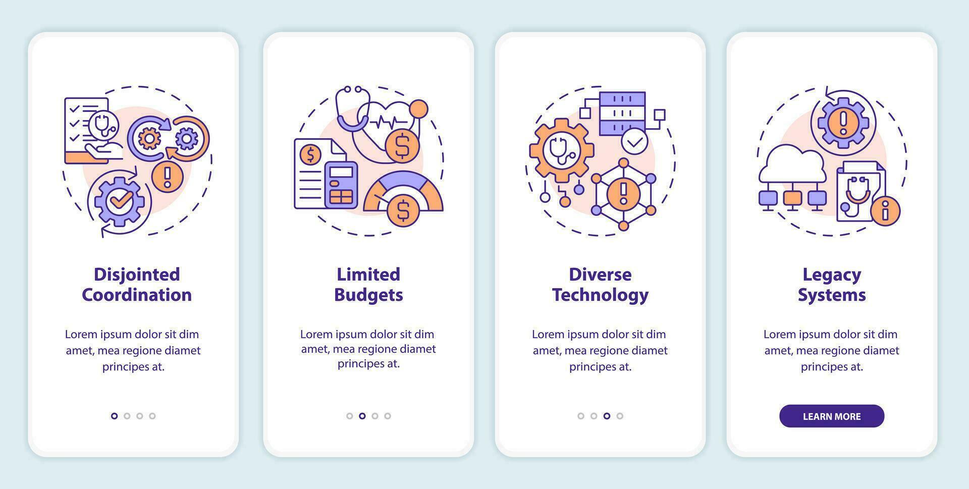 2d íconos representando salud interoperabilidad recursos móvil aplicación pantalla colocar. recorrido 4 4 pasos vistoso gráfico instrucciones con lineal íconos concepto, ui, ux, gui modelo. vector