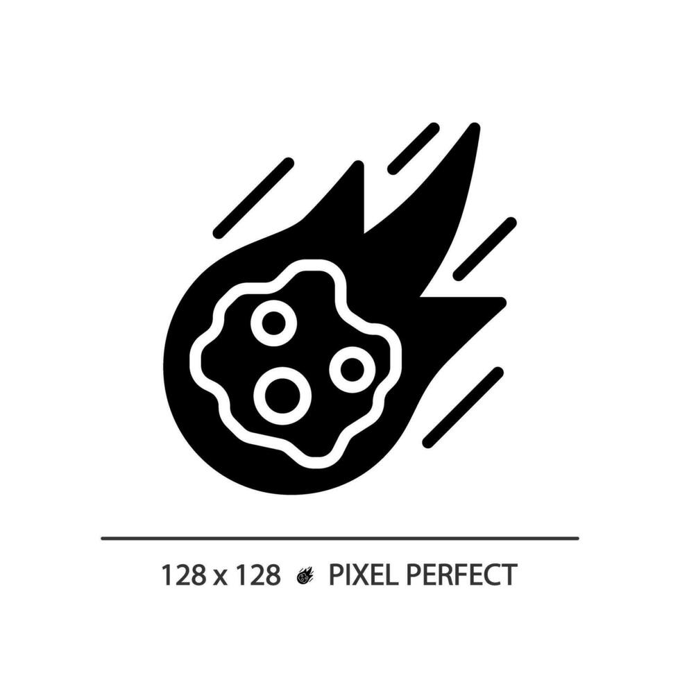 Falling comet pixel perfect black glyph icon. Celestial body. Meteor shower. Night sky. Solar system. Space exploration. Silhouette symbol on white space. Solid pictogram. Vector isolated illustration