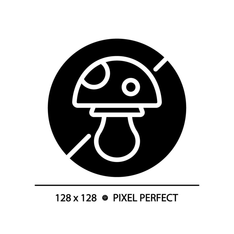 2D pixel perfect glyph style mushroom free icon, isolated vector, silhouette illustration representing allergen free. vector