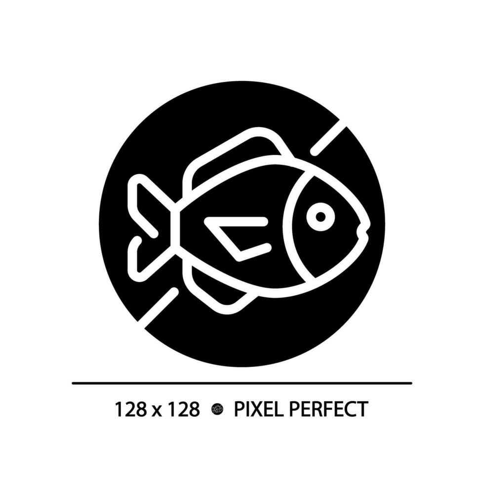 2D pixel perfect glyph style fish free icon, isolated vector, silhouette illustration representing allergen free. vector