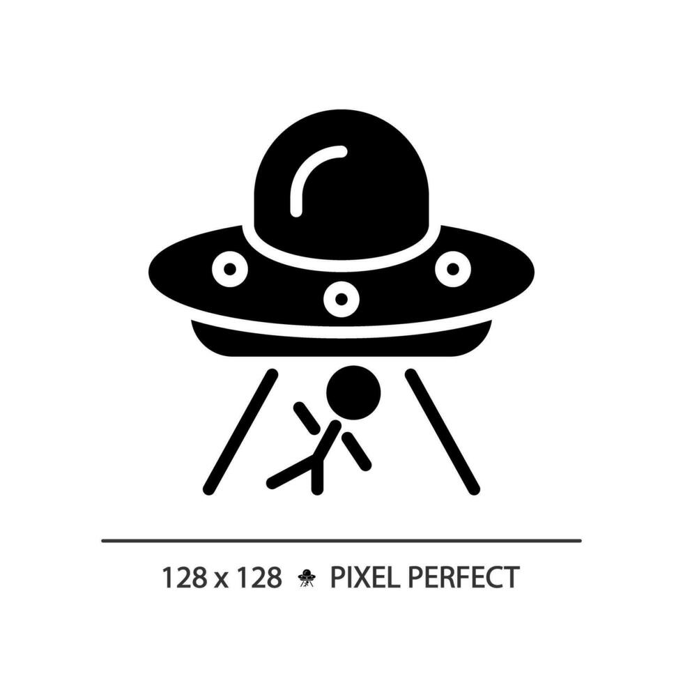 Alien abduction pixel perfect black glyph icon. Mind control. Ufo encounter. Unidentified flying object. Another planet. Silhouette symbol on white space. Solid pictogram. Vector isolated illustration