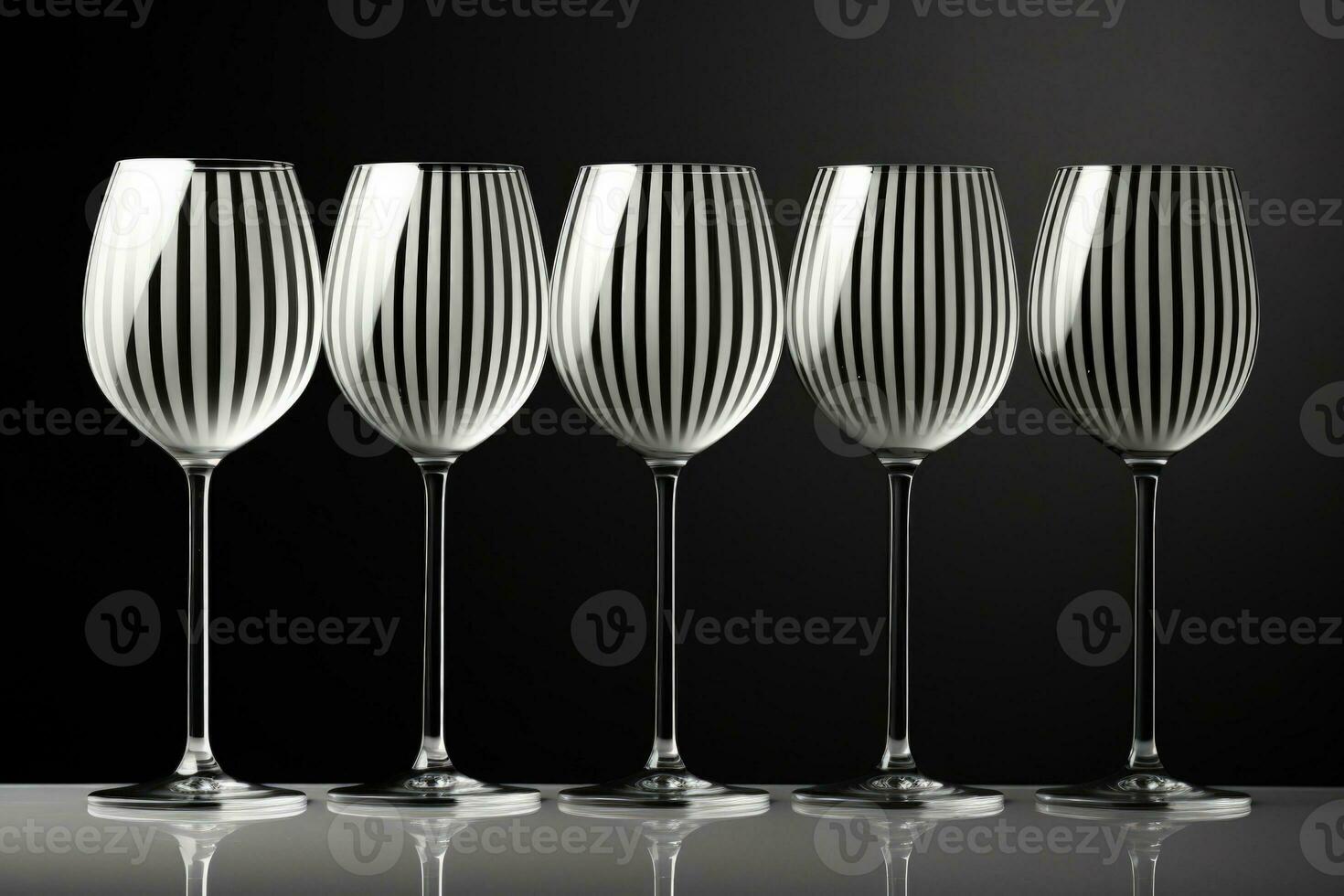 Optical illusion of monochrome patterns in wine glasses using striped backdrops captured in a palette of absolute black pure white and grayscale gradient photo