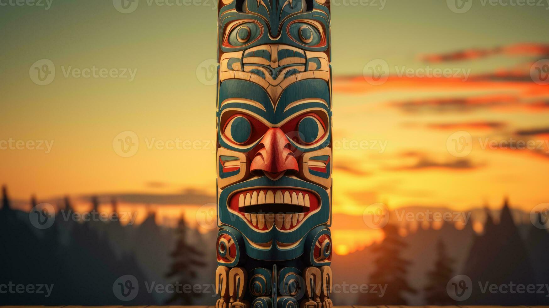 A carved Native American totem isolated on a sunset gradient background photo