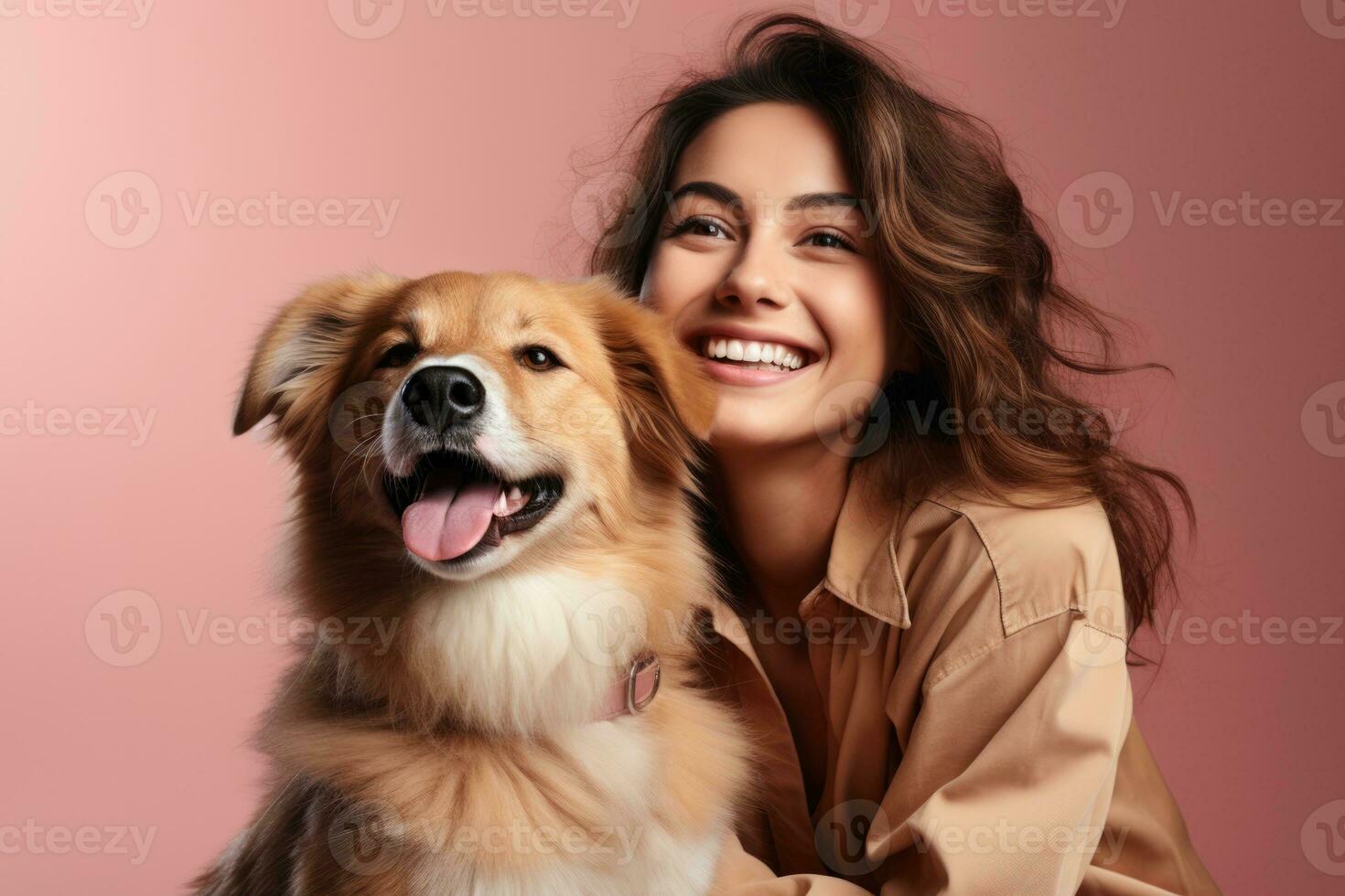 Smiling person with epilepsy petting support dog isolated on a gradient background photo