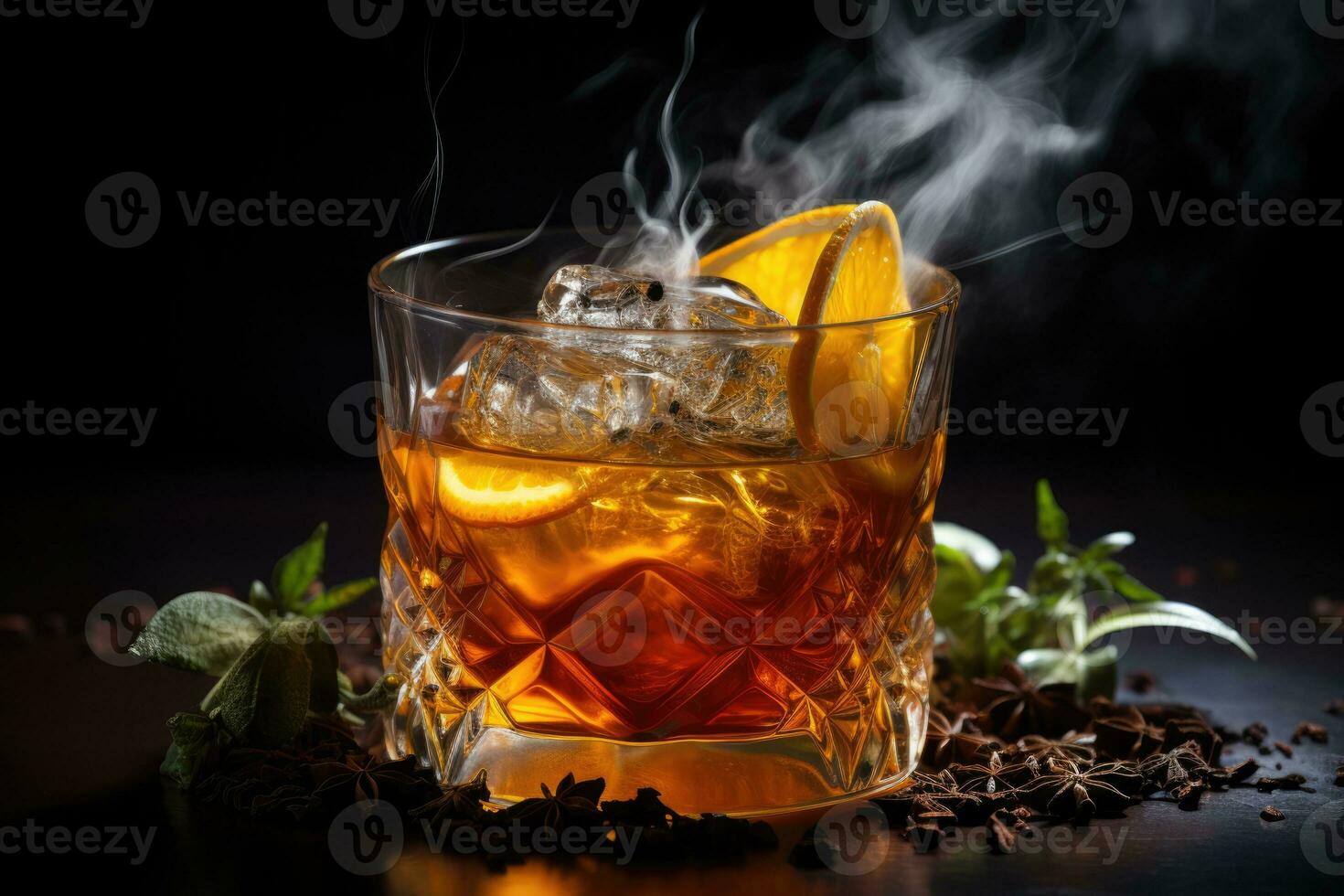 Rum cocktail with aromatic smoke infused isolated on a dark gradient background photo