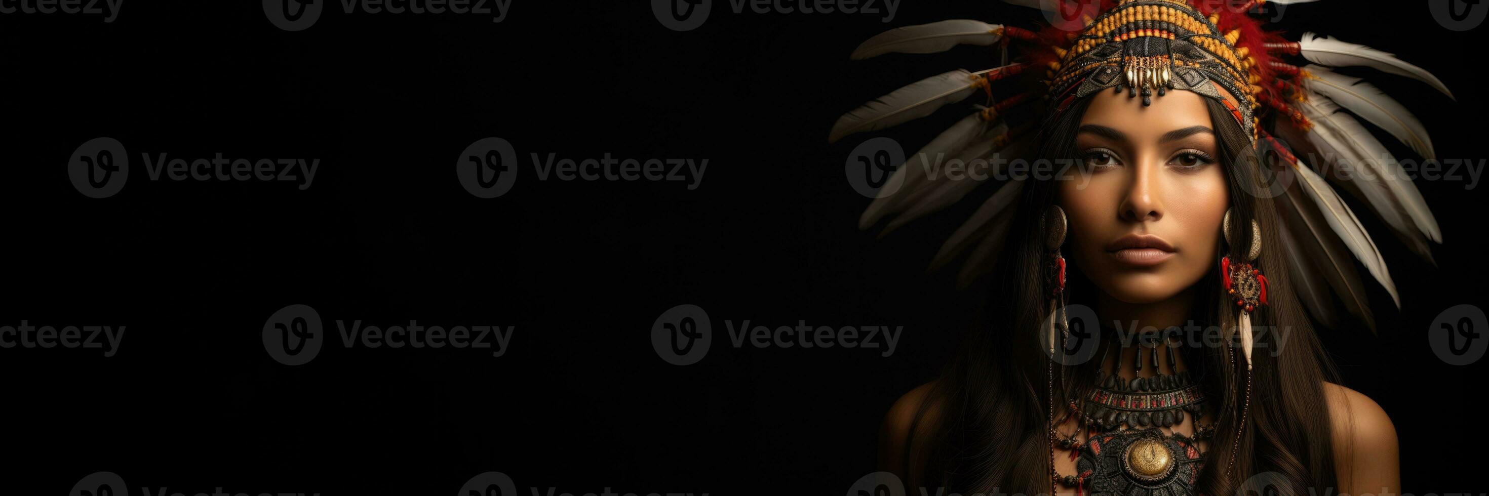 Native American woman in festive regalia isolated on a gradient background photo