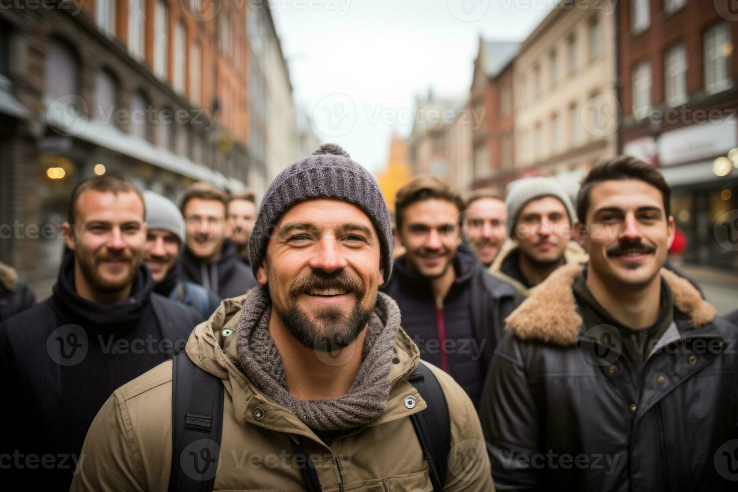 Large group of men participating in Movember charity walk in city photo