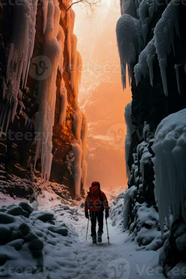 aventurero asciende un congelado cascada revelador etapas de glacial alpinismo progresión foto