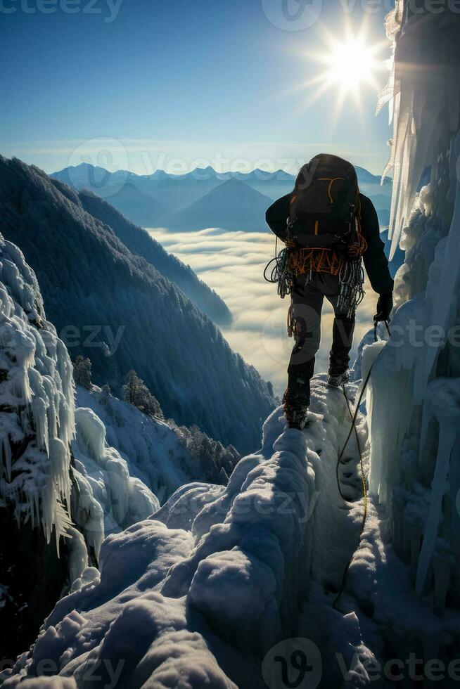 Athlete enduring brutal cold scaling the harsh crystalline ice waterfall photo