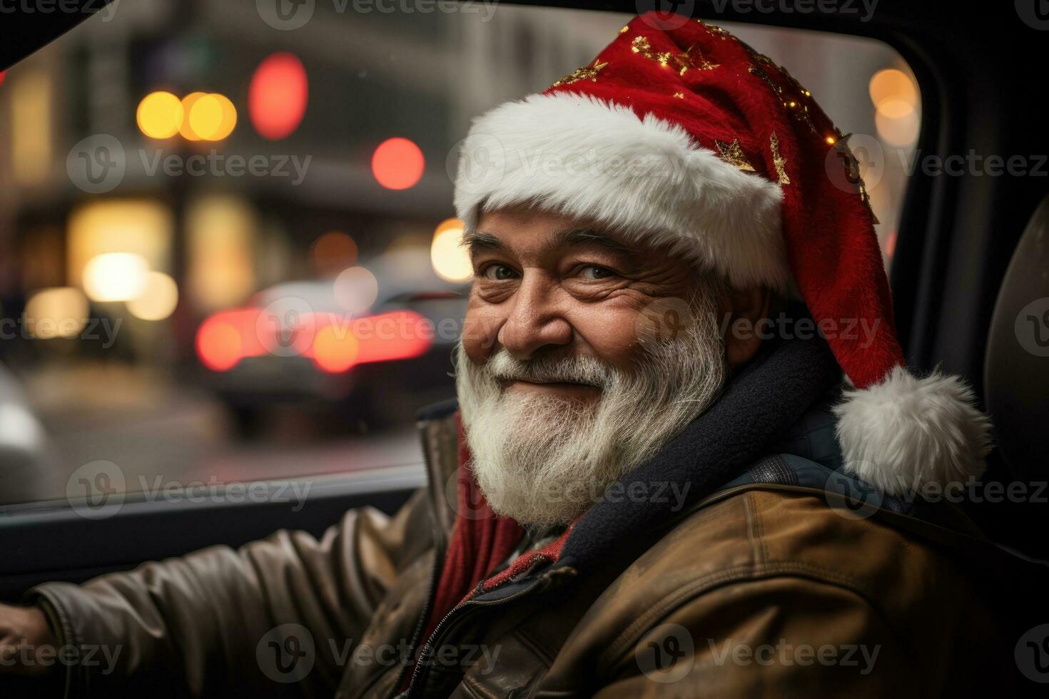 Taxi driver in holiday attire cruising the city in decorated cab photo