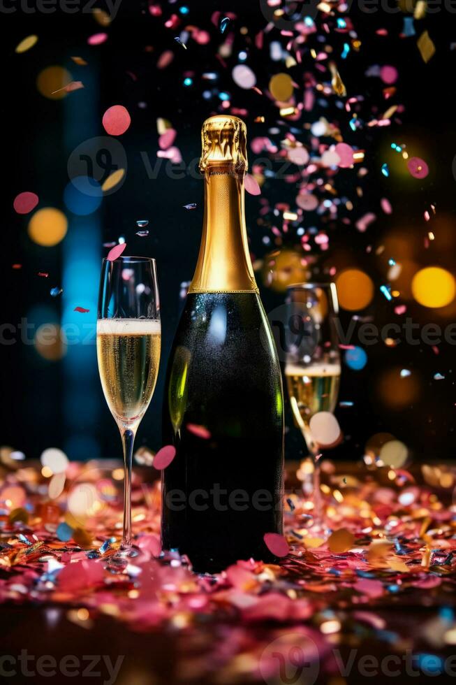 Champagne bottle popping with confetti celebrating a special moment isolated on a white background photo