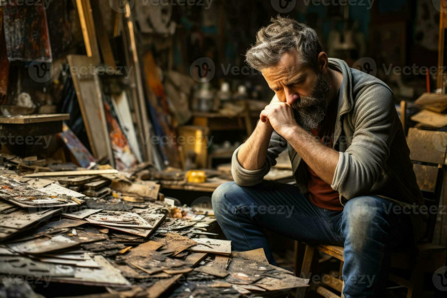 Depressed artist in unkempt workshop visibly grappling with emotional turmoil photo