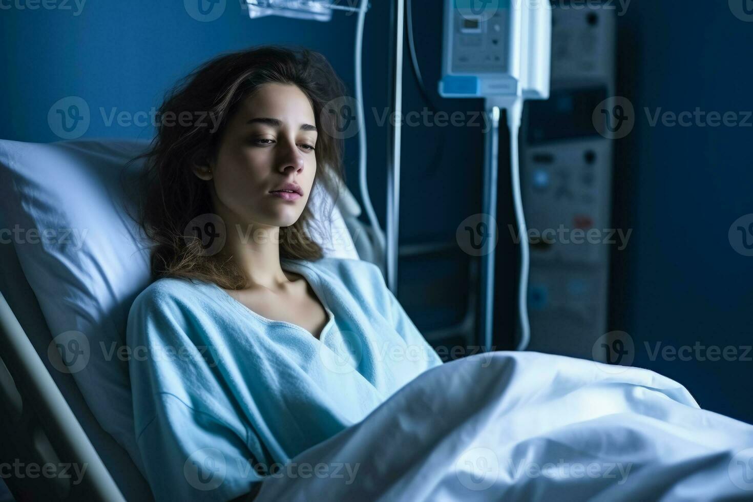 Patient showing signs of despair in a hospital room isolated on a gradient background photo