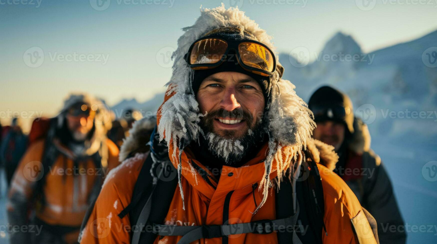 Mountaineers brave extreme winter conditions conquering icy glacier surfaces in freezing cold photo