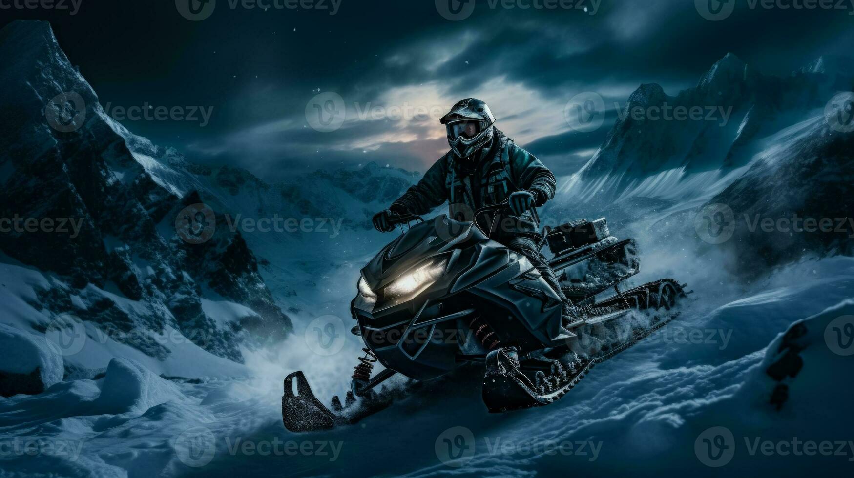 Midnight snowmobiling in polar landscapes background with empty space for text photo