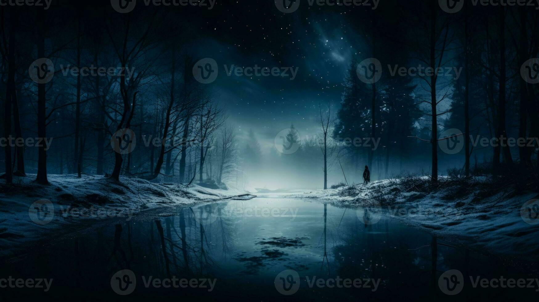 Moonlit ice skating on a secluded frozen pond background with empty space for text photo