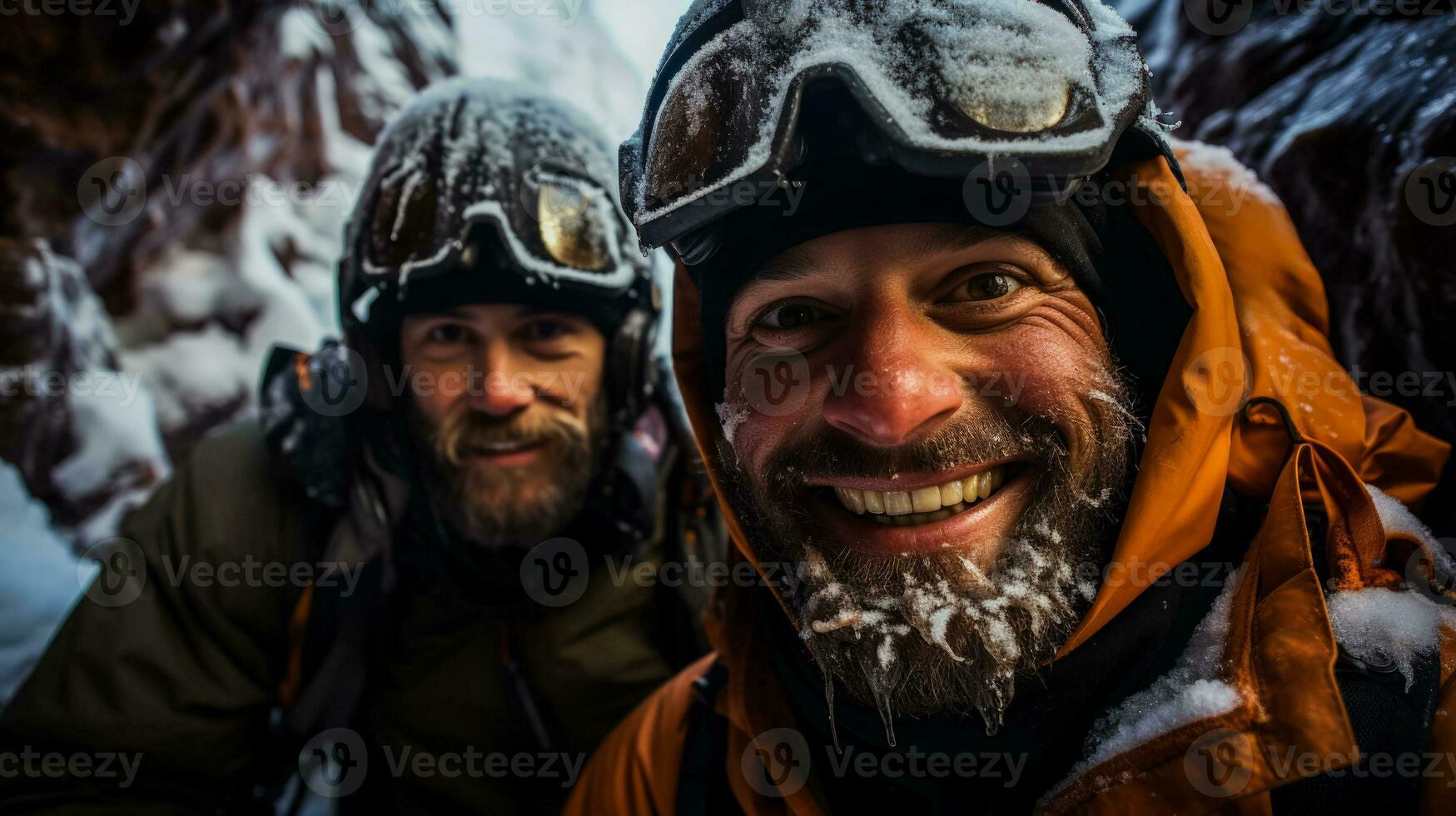 Enthusiastic cavers exploring hidden snow caves in chilly high altitude surroundings photo