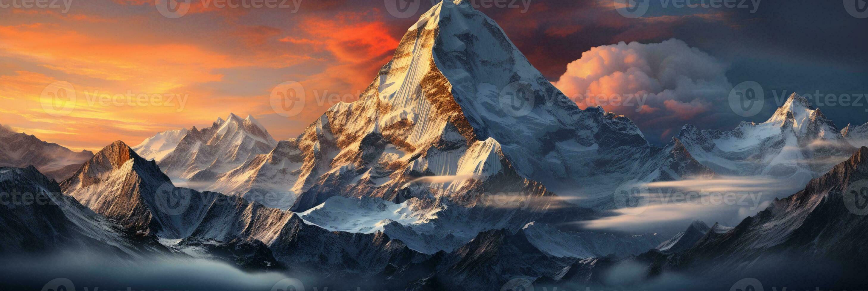 Sunset paints vibrant hues on a frost capped mountain under a climbers look photo