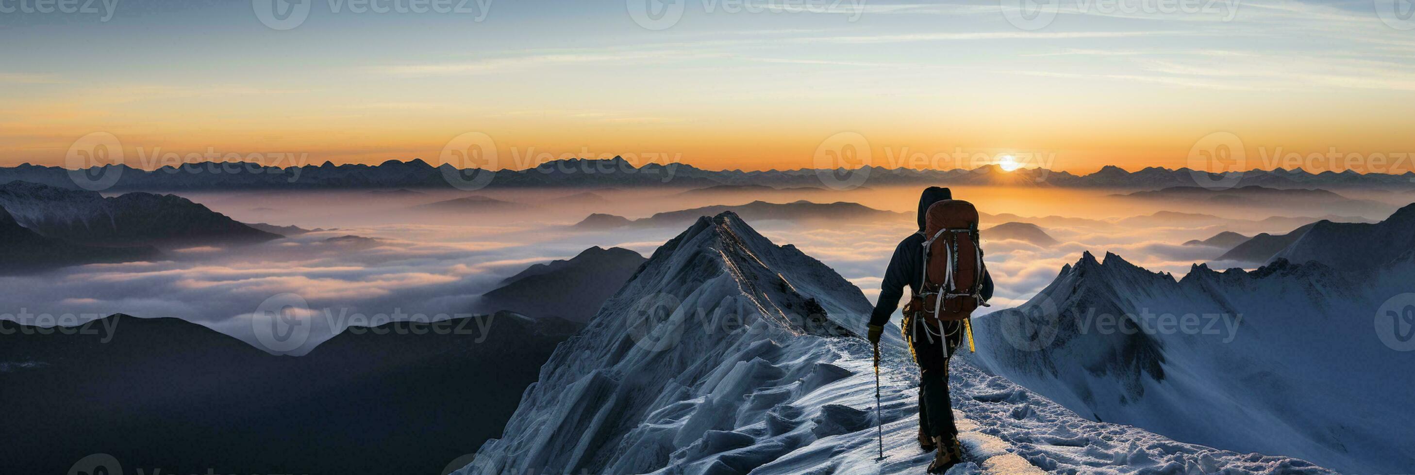 Silhouetted climber on icy ridge at twilight background with empty space for text photo