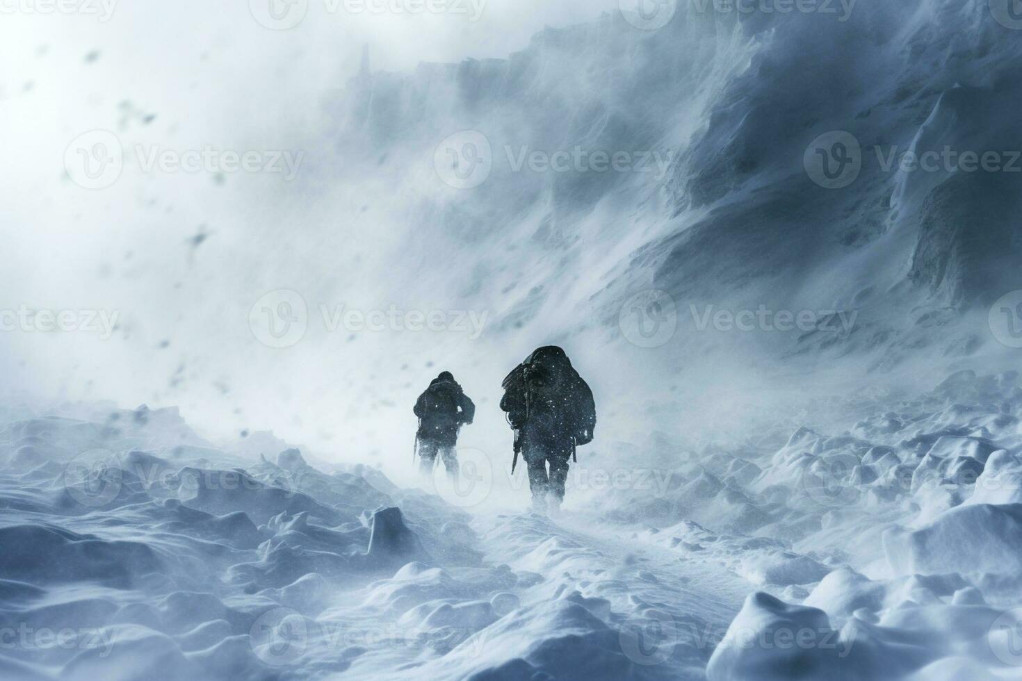 Rugged alpinists battling fierce blizzard background with empty space for text photo